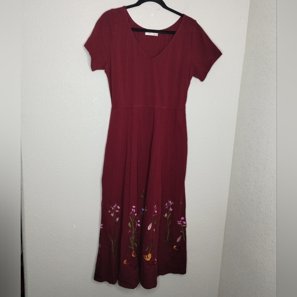eShakti Wayward Fancies Burgundy Cotton Jersey Midi Dress Floral Embroidery